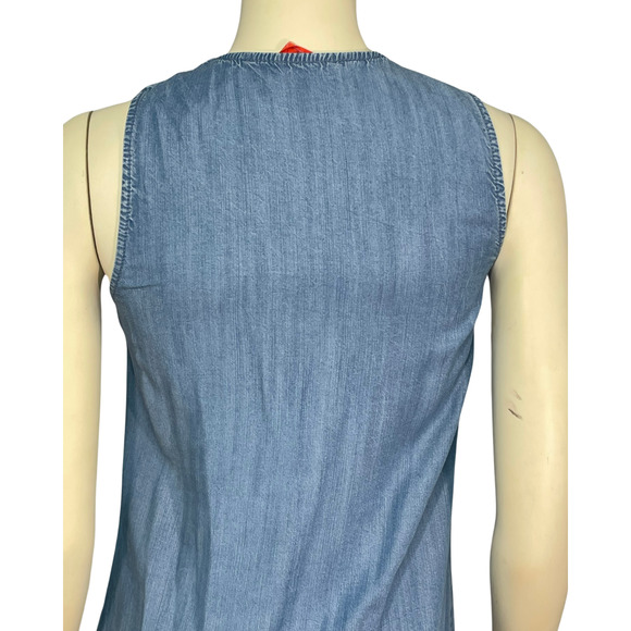 3/$20 Chelsea Violet Sz XS Shift Dress Lace Up Neckline Embroidered Chambray - Picture 9 of 11